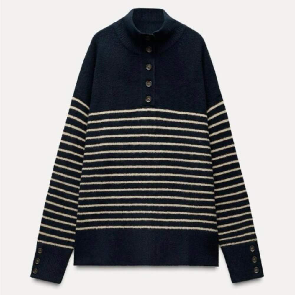 Zara Navy and Cream Striped Women's Turtleneck Sweater